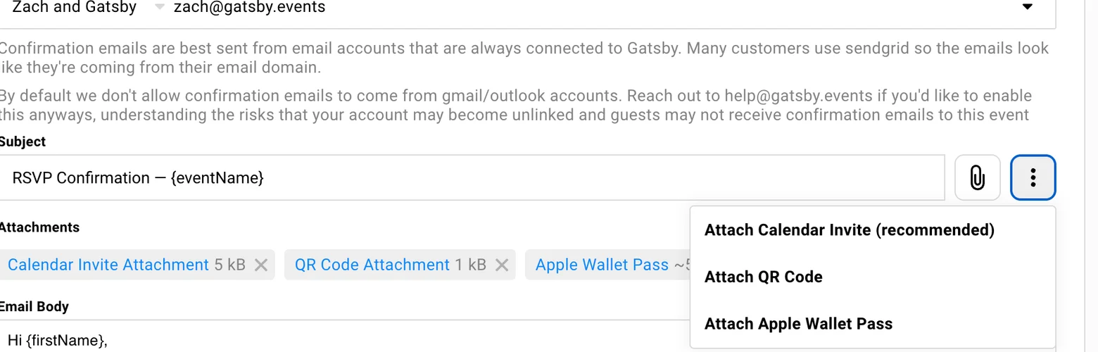 Confirmation Emails showing the three-dot menu open with Attach Apple Wallet Pass option, alongside existing calendar invite and QR code attachments