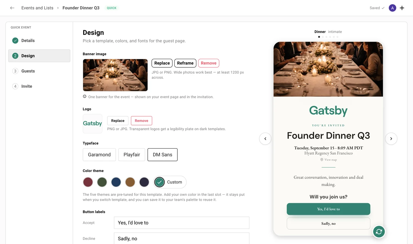 The Design step, opening with a Banner image card that holds a photograph of a candlelit dinner table beside Replace, Reframe, and Remove buttons and a note reading one banner for the event, shown on your event page and in the invitation. A Gatsby logo, three typeface choices, and a Color theme row of five template swatches followed by a selected Custom swatch sit below it, beside a live preview of the Dinner invitation carrying the same photograph across its top above the logo and the RSVP buttons.