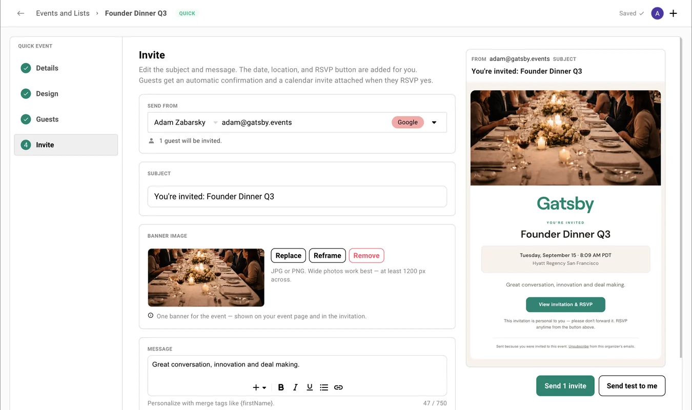 The Invite step, with a Google-labeled sender, a subject field, a Banner image card holding a photograph of a candlelit dinner table beside Replace, Reframe and Remove buttons, and a rich-text message field with a 750-character counter. A live preview of the invitation email sits alongside, carrying the same photograph flush to the top of the email card above the logo, the event name, the date and venue, and a View invitation and RSVP button.