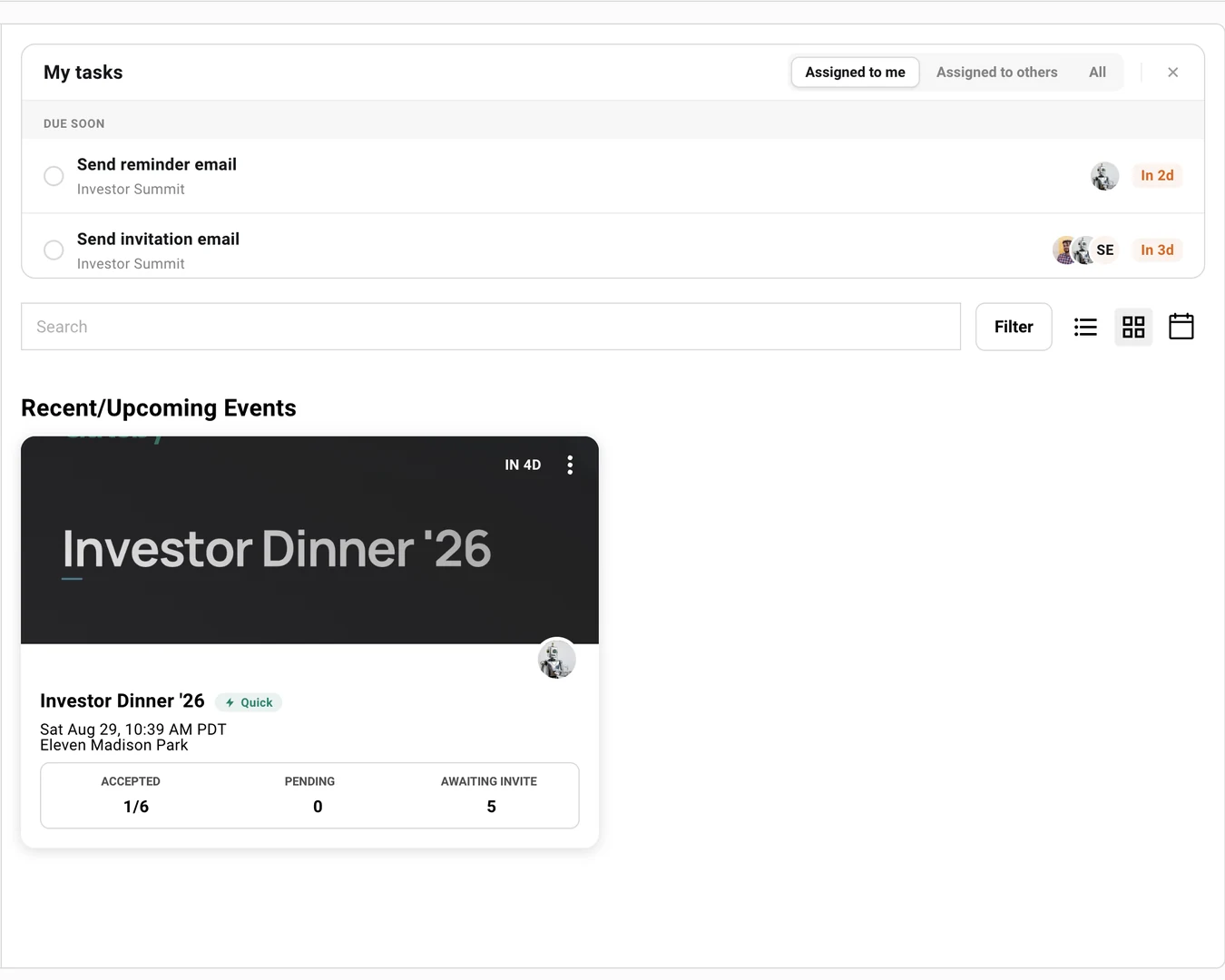 The My Tasks widget on the Events page with Assigned to me selected, listing two tasks due soon, each showing its assignees as photo avatars just before the due-date label.